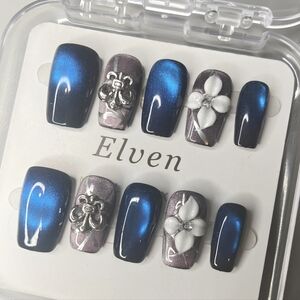 Magnetic Cat-eye Blue and Silver Handmade Press-On Nails Short Square Shape